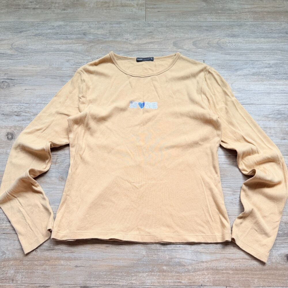 Vintage Y2K Bossini Long Sleeve T-Shirt Medium Beige Embroidered Logo Cotton Top
